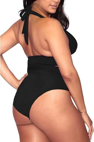 Kisscynest Women's Plus Size High Waisted Swimsuit Halter Bikini Knotted Bottom Bathing Suits Swimswear in Saudi Arabia