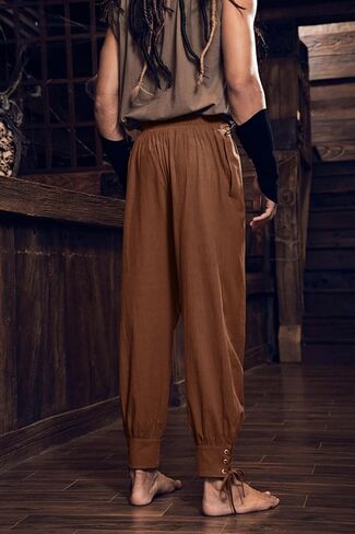 Mens Medieval Pirate Ankle Pants Viking Renaissance Costume Lace Up Tapered Banded Navigator Trousers in Kuwait