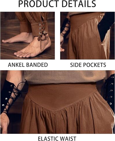 Mens Medieval Pirate Ankle Pants Viking Renaissance Costume Lace Up Tapered Banded Navigator Trousers in Kuwait