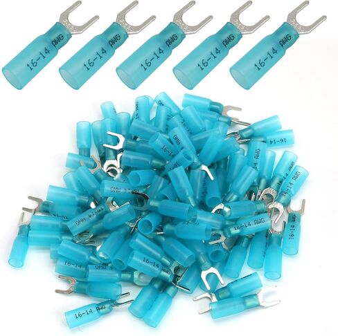 100PCS 16-14 AWG Fork Connector, 10 Blue Heat Shrink Fork Terminals Waterproof and Insulated Electrical Crimp Connectors for Boat Truck Stereo in Saudi Arabia
