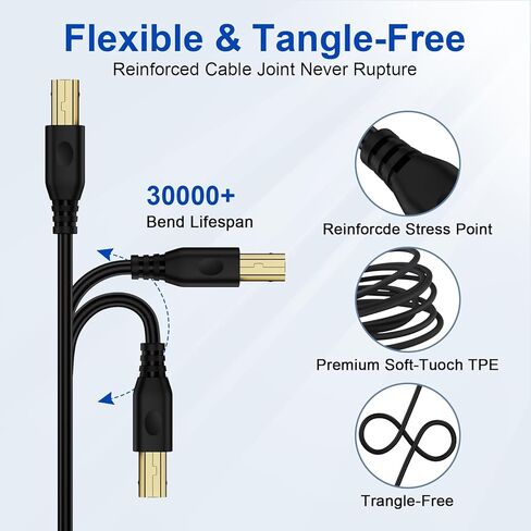 كابل طابعة بطول 6 أقدام، سلك طابعة USB-A إلى USB-B، كابل طابعة USB 2.0 عالي السرعة، كابل طابعة ماسح ضوئي من النوع A إلى B، كابل MIDI لـ HP، Canon، Dell، Epson، Samsung، Brother، DAC، Xerox & المزيد يا أسود in Kuwait