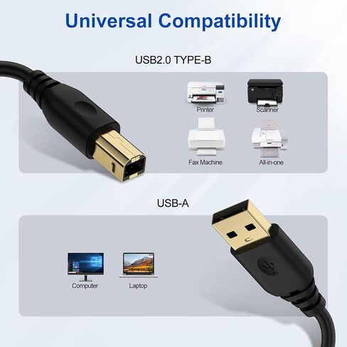 كابل طابعة بطول 6 أقدام، سلك طابعة USB-A إلى USB-B، كابل طابعة USB 2.0 عالي السرعة، كابل طابعة ماسح ضوئي من النوع A إلى B، كابل MIDI لـ HP، Canon، Dell، Epson، Samsung، Brother، DAC، Xerox & المزيد يا أسود in Kuwait