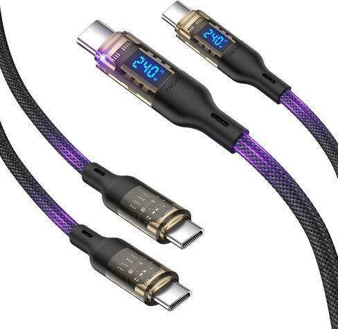 240W USB C to USB C Cable with LED Display Compatible with 140W 100W Fast Charging for MacBook Pro,lPhone 16/15/15Pro/15ProMax,Galaxy S23+/S23Ultra/S22,6.6ft 2Pack,Black,Transparent Shell in Saudi Arabia