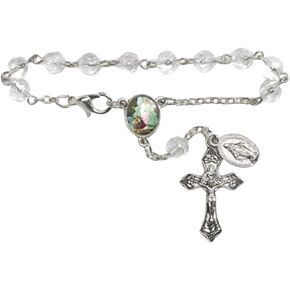 Silver Tone Guardian Angel Car Rosary for Mirror with Faceted Glass Beading, Devotional Centerpiece, Miraculous Dangle and Lobster Clasp Closure, One Decade Catholic Beads for Automobile, 5 3/4 Inches