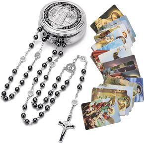 Saint Benedict Hematite Black Rosary Beads Catholic Cross Necklaces for Men and Boy, St.Benedict Center Piece and Crucifix with Saint Benedict Miraculous Gift Box and 18pcs Prayer Cards