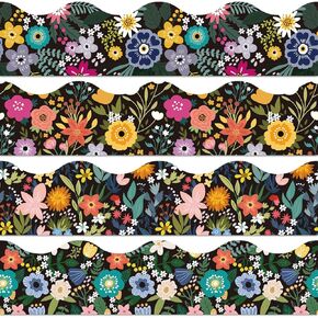 Floral Bulletin Board Borders Colorful Flower Retro Self-Adhesive Border Trims 4 Designs Scalloped Border Sticker Decals Wildflowers Die Cut Border for Back to School Decoration, 72Pcs