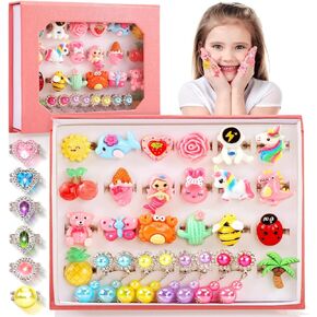 30-IN-1 Little Girls Jewelry Rings, Adjustable Toddler Rings in Box with 4 Pairs Earrings, No Duplication Princess Dress Up Rings for Kids, Gift for 3 4 5 6 7 8 9 Year Old Girl Toys Birthday Gifts