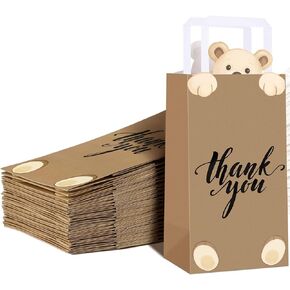 18 Pcs Bear Party Bags Bear Baby Shower Thank You Gift Bags with Handles Candy Treat Brown Paper Bags for Kids Boy Girl Guests Birthday Wedding Party Favors Supplies, 8.3 x 4.3 x 3.2 Inches