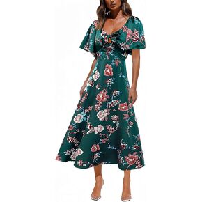 Fashionme Womens Dresses 2024 Maix Dresses Deep V Neck Elegant Bow Tie Front Cap Sleeve Summer Floral Satin Dress