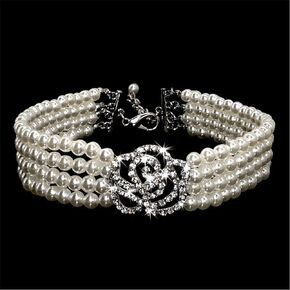 Dogs Kingdom Elegant Fancy Pearls Dog Cat Collar Small Dog Crystal Rose Flower Collar Pet Party Neck Grooming Jewelry Accessory,White,M:10-12" Neck