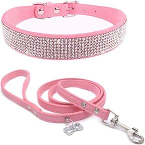 Dogs Kingdom Shining Rhinestones Dog Collar Leash Set - Made Of Soft Velvet Material - Cute Bone Tag Accessories Dog Cat Collar Leash Set - Adjustable for Girl Or Female Dogs Cats,Pink,XXS:6-8.3" Neck