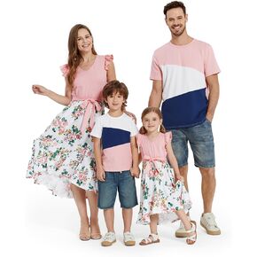 PATPAT Family Matching Shirts Colorblock Crewneck Short Sleeve T-shirts Tops For Boy 6-7 Years