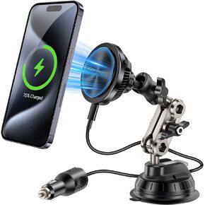 This Hill for MagSafe Car Mount Charger(360° Suction Cup & Aluminum Alloy Telescopic arm),15W Fast Charging Compatible with iPhone 15/14/13/12 Series, Magnetic Car Mount for Dashboard and Windshield
