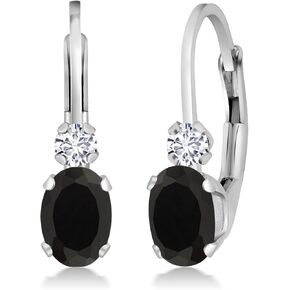 Gem Stone King 14K White Gold Black Onyx and White Diamond Leverback Earrings For Women | 0.85 Cttw | Gemstone December Birthstone | Oval 6X4MM, Round 2MM | 3/4 Inch in Saudi Arabia