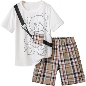 Cozyease Boys' 2 Piece Sets Cartoon Print Round Neck Short Sleeve Tee Shirts Plaid Shorts