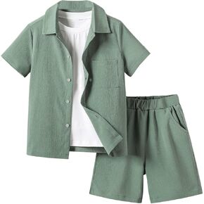 Verdusa Boy's 2 Piece Outfit Button Down Shirt and Elastic Waist Short Sets
