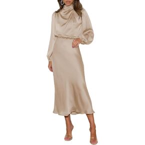 Pink Queen Women's Elegant Long Sleeve Satin Dress Mock Neck Elastic Waist Cocktail Party Wedding Guest Midi Dresses