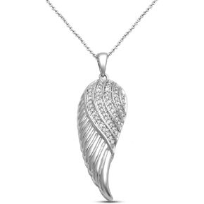 Jewelili Angel Wing Necklace Pendant in Sterling Silver with 1/10 CTTW Natural White Diamonds and 18 inch Rolo Chain