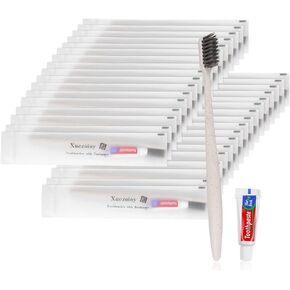 Disposable Toothbrushes with Toothpaste,60Pack Apricot Individually Wrapped Disposable Travel Toothbrushes Kit in Bulk for Homeless,Nursing Home,Hotel,Charity