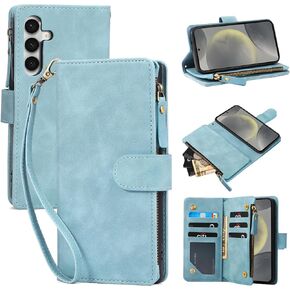 RANYOK Compatible with Galaxy S24 5G Wallet Case, Premium PU Leather Zipper Folio RFID Blocking with Card Slot Wrist Strap Magnetic Closure Built-in Kickstand Protective Case (Baby Blue)