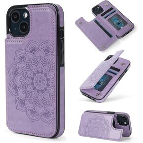 Wallet Case for iPhone 13 with 3 Card Slots Embossed Mandala Pattern Flowers Magnetic Buttons Flip Faux Leather Cover Shockproof 2021 6.1 Inch (Purple)