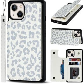 iCoverCase Phone Case for iPhone 13 Case with Card Holder, iPhone 13 Wallet Case with Wrist Strap, [RFID Blocking] Card Slots Kickstand PU Leather Case Wallet for iPhone 13 6.1 Inch (Black Leopard)
