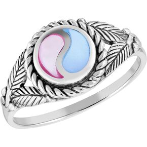 Aeravida Leaf Embrace Soulful Yin-Yang Pink-Blue Mother of Pearl .925 Sterling Silver Ring | Cute Wedding Rings For Women | Vintage Comfort Fit Silver Rings for Women | Gift for Daughter | Sterling Silver Rings Sizes (6-10)