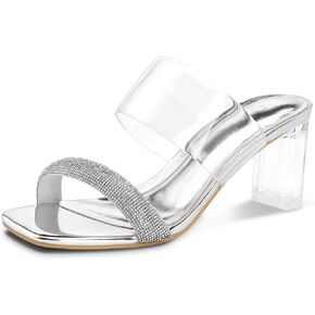 mysoft Clear Heels for Women Transparent Two Strap Block Chunky Square Heel Sandals Open Toe Slip On Sandals
