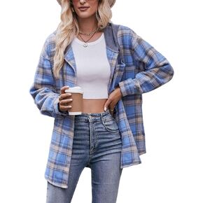 Mingzhu Womens Flannel Plaid Hoodie Jacket Shacket Oversized Button Down Coat