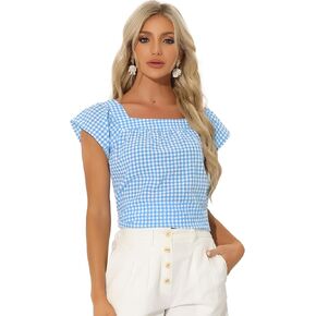 Allegra K Summer Square Neck Gingham Tops for Women's Cap Sleeve Tshirts Blouses