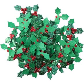 Uniquer 100Pcs Christmas Holly and Berry Christmas Embellishments,Mini Triple Green Leaf Holly Berries Sequins Embellishments for Christmas Decor, Gift Tag and Card Making