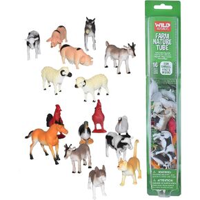 Wild Republic Farm Figurines Tube, Horse, Cow, Donkey, Duck, Sheep, Chicken, Rooster, Pig, Dog, Cat, Goat, 16 Piece playset, 1.5" to 3", Model:12883