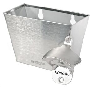 Magnetic Wall Mounted Bar - Style Bottle Opener and Bottle Cap Catcher Set for Beer and Sodas - Stylish, Easy to Install and Effortless to Use - Collects the Caps so You Don't Have to!