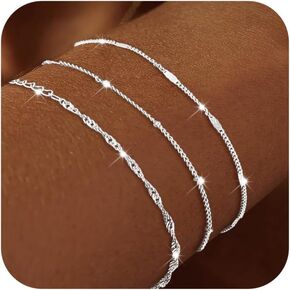 DEARMAY Dainty Silver Bracelets for Women Trendy, 925 Sterling Silver Jewelry Set for Women Bracelets for Women Paperclip Box Herringbone Figaro Rope Chain Bracelet Fashion Pack Gifts for Women Girls