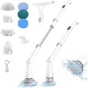 Electric Spin Scrubber, Electric Shower Scrubber with Long Handle Adjustable, 8 Replaceable Heads and Battery Display, 2 Speeds Electric Spin Brush for Cleaning Bathroom Tub Floor Tile Basin