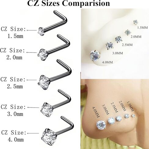 BLESSMYLOVE 316L Surgical Steel 22g/20g/18g Nose Rings Studs L-Shape Nose Nostrial Piercing Body Jewerly L Shaped Nose Studs 1.5mm 2mm 2.5mm 3mm CZ Nose Screw Studs Rings for Women in Saudi Arabia