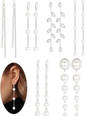 LOLIAS 6 Pairs Long Pearl Drop Earrings for Women Gold/Silver Plated Pearl Dangle Earrings Set Wedding Pearl Tassel Earrings Jewelry for Bridal Christmas Gift in Saudi Arabia