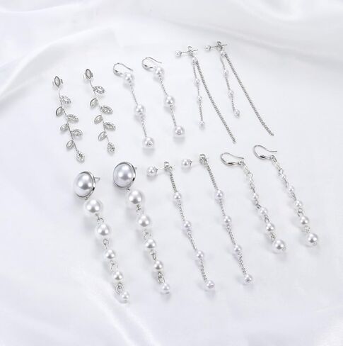 LOLIAS 6 Pairs Long Pearl Drop Earrings for Women Gold/Silver Plated Pearl Dangle Earrings Set Wedding Pearl Tassel Earrings Jewelry for Bridal Christmas Gift in Saudi Arabia