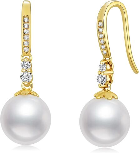 14k Gold Created Moissanite Pearl Dangle Earrings for Women, 14 Karat Gold Earrings for Wife/Mother, 9 MM Freshwater Cultured Pearl in Saudi Arabia