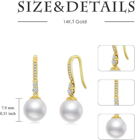 14k Gold Created Moissanite Pearl Dangle Earrings for Women, 14 Karat Gold Earrings for Wife/Mother, 9 MM Freshwater Cultured Pearl in Saudi Arabia