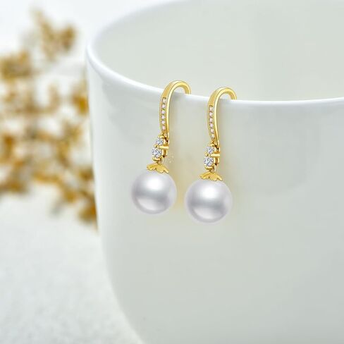 14k Gold Created Moissanite Pearl Dangle Earrings for Women, 14 Karat Gold Earrings for Wife/Mother, 9 MM Freshwater Cultured Pearl in Saudi Arabia