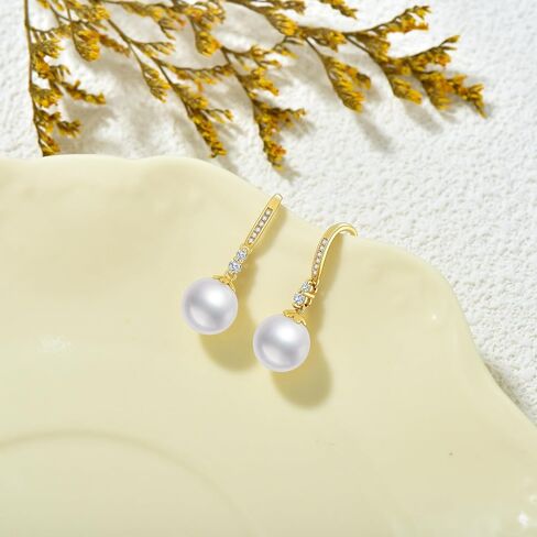14k Gold Created Moissanite Pearl Dangle Earrings for Women, 14 Karat Gold Earrings for Wife/Mother, 9 MM Freshwater Cultured Pearl in Saudi Arabia