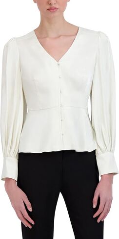 BCBGMAXAZRIA Women's Long Sleeve Peplum Top V Neck Button Front Shirt in Saudi Arabia