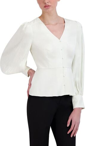 BCBGMAXAZRIA Women's Long Sleeve Peplum Top V Neck Button Front Shirt in Saudi Arabia