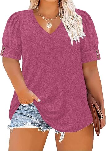 Women's Button Plus Size Tops Pleated Puff Sleeve V Neck Blouses Summer Casual Tunic T Shirt in Saudi Arabia