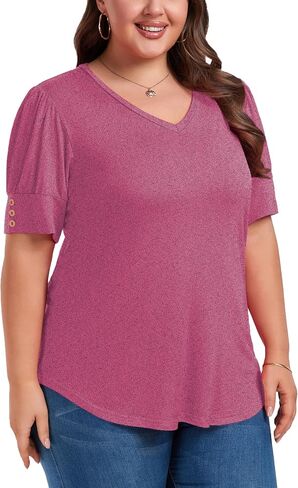 Women's Button Plus Size Tops Pleated Puff Sleeve V Neck Blouses Summer Casual Tunic T Shirt in Saudi Arabia