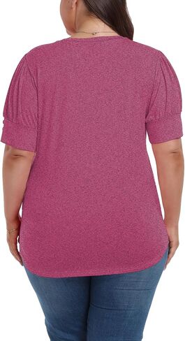 Women's Button Plus Size Tops Pleated Puff Sleeve V Neck Blouses Summer Casual Tunic T Shirt in Saudi Arabia