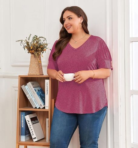 Women's Button Plus Size Tops Pleated Puff Sleeve V Neck Blouses Summer Casual Tunic T Shirt in Saudi Arabia