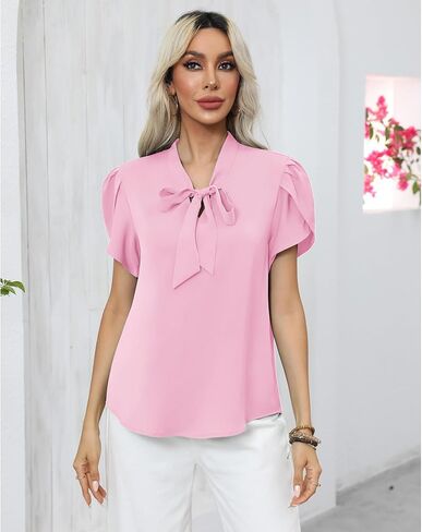 CZYINXIAN Women's Casual Petal Short Sleeve Chiffon Shirts Elegant Bow Tie Knot Business Top Blouse in Saudi Arabia