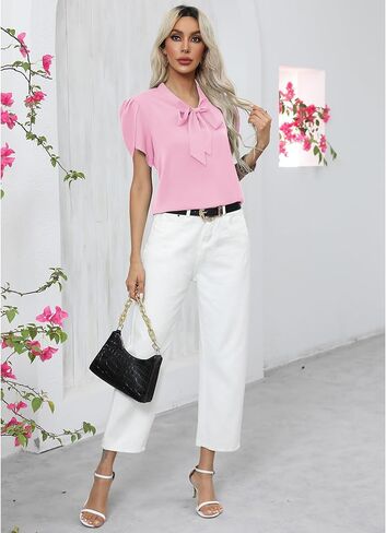 CZYINXIAN Women's Casual Petal Short Sleeve Chiffon Shirts Elegant Bow Tie Knot Business Top Blouse in Saudi Arabia